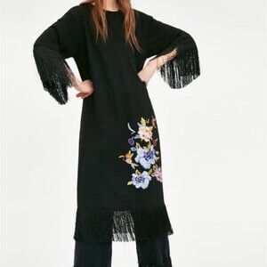 Zara Trafaluc Dress Womens S Black Fringe Floral Embroidered Midi Boho Western